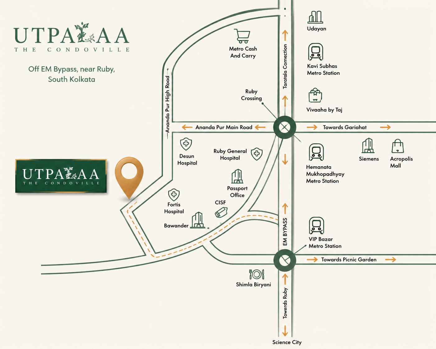 Utpalaa location map showing connectivity near Ruby, South Kolkata